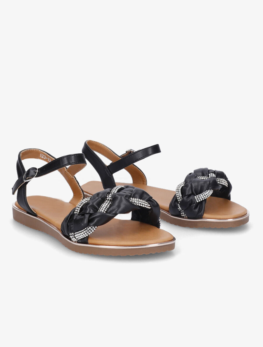 Nu-pieds en simili à bride tressée ornée de strass - Noir - 4