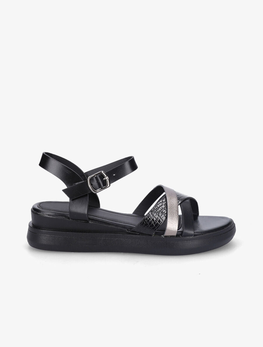 Sandales croisées bi-matière à talon compensé - Noir - 5