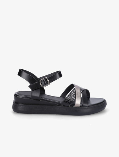 Sandales croisées bi-matière à talon compensé - Noir - 5