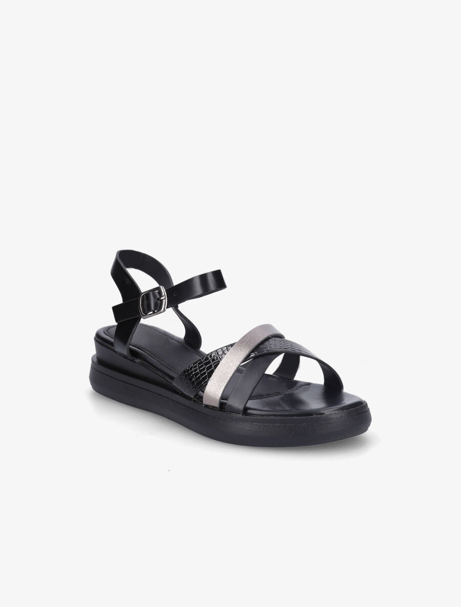 Sandales croisées bi-matière à talon compensé - Noir - 2