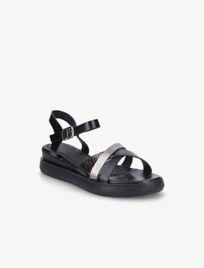 Sandales croisées bi-matière à talon compensé - Noir - 2