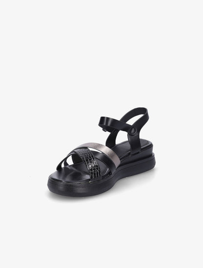 Sandales croisées bi-matière à talon compensé - Noir - 3