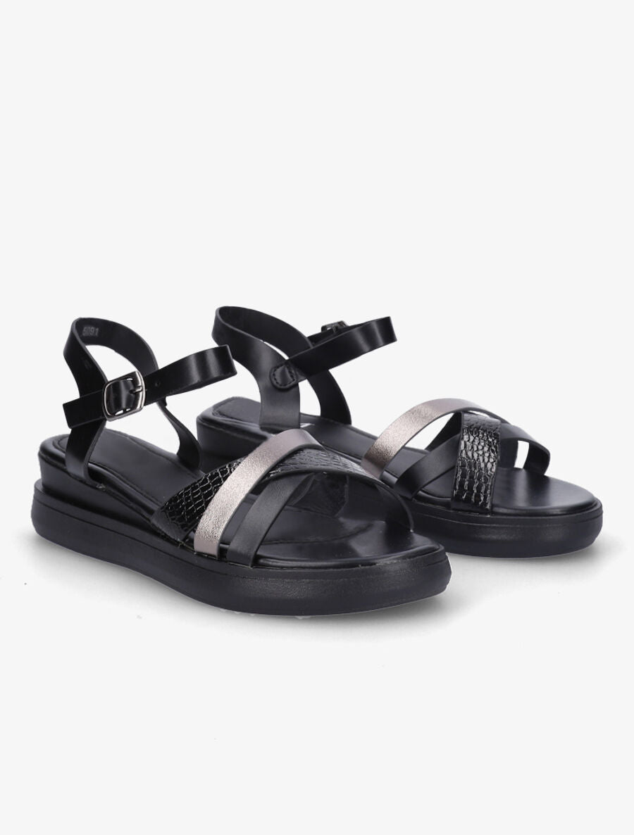 Sandales croisées bi-matière à talon compensé - Noir - 4