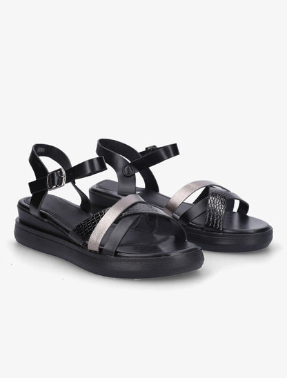 Sandales croisées bi-matière à talon compensé - Noir - 4