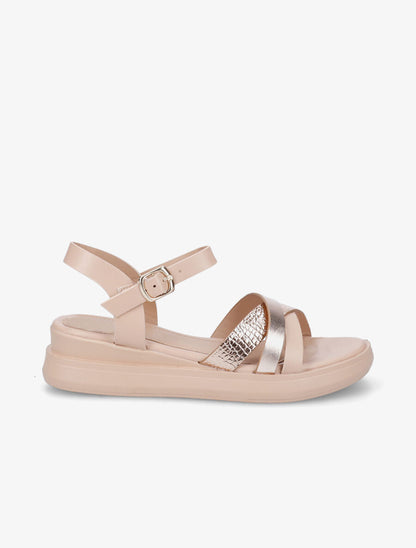 Sandales croisées bi-matière à talon compensé - Nude - 5