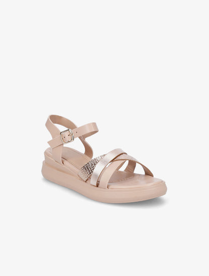 Sandales croisées bi-matière à talon compensé - Nude - 2