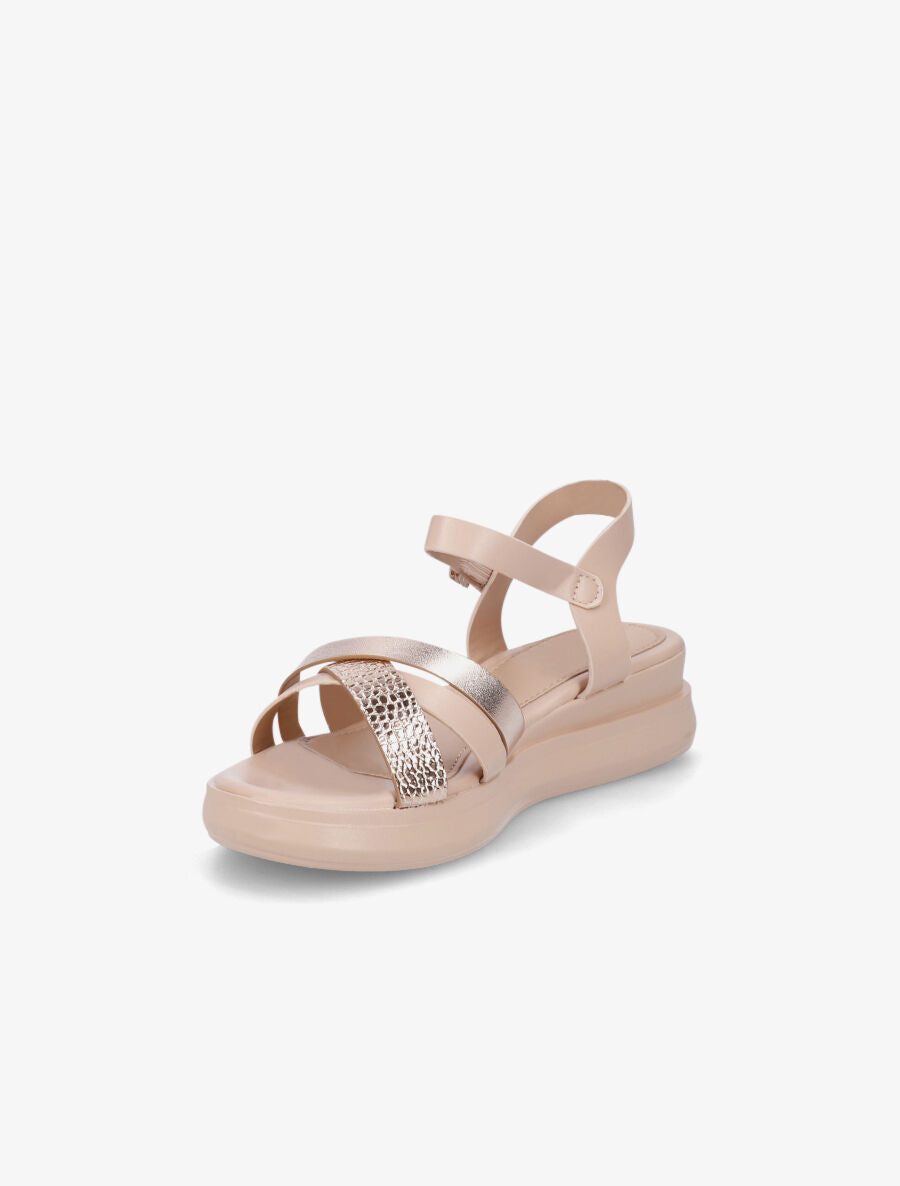 Sandales croisées bi-matière à talon compensé - Nude - 3