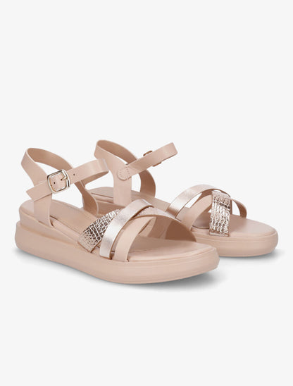 Sandales croisées bi-matière à talon compensé - Nude - 4