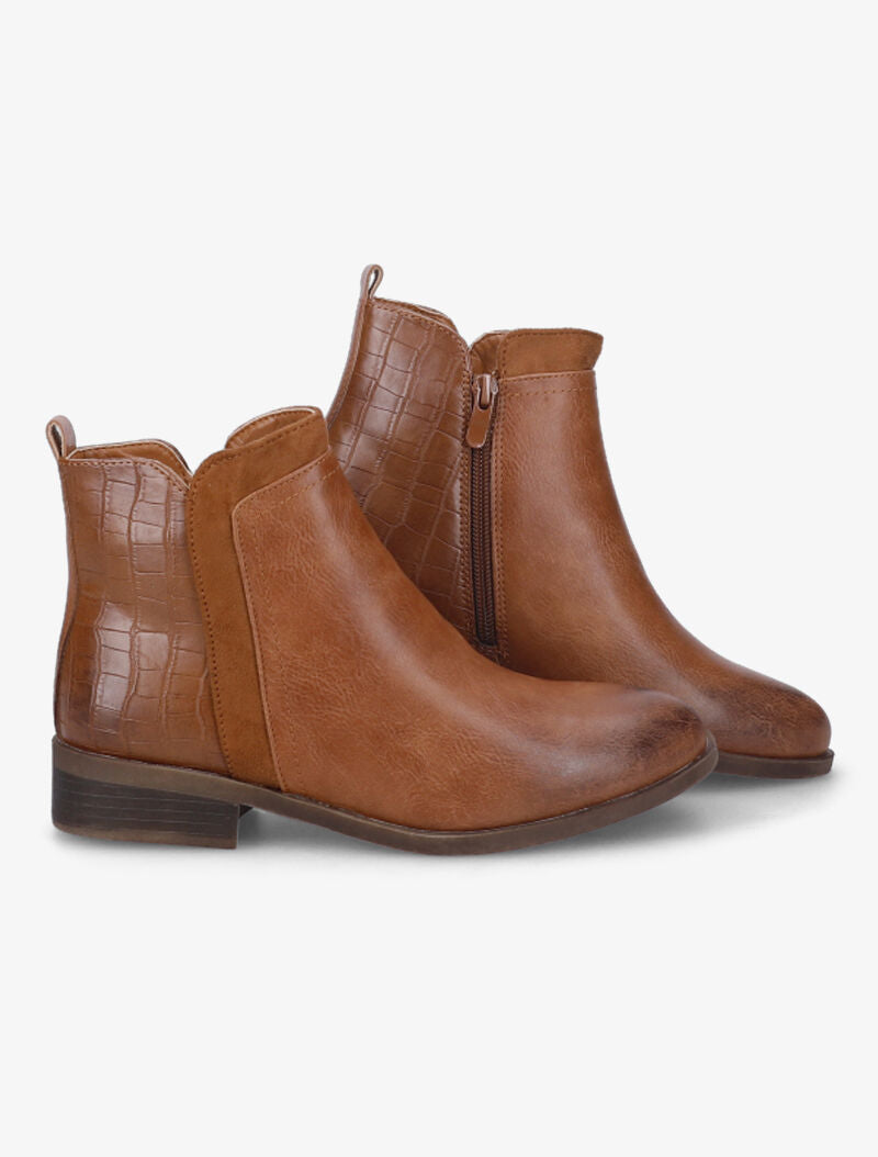 Bottines en simili à motifs croco - Camel - 4