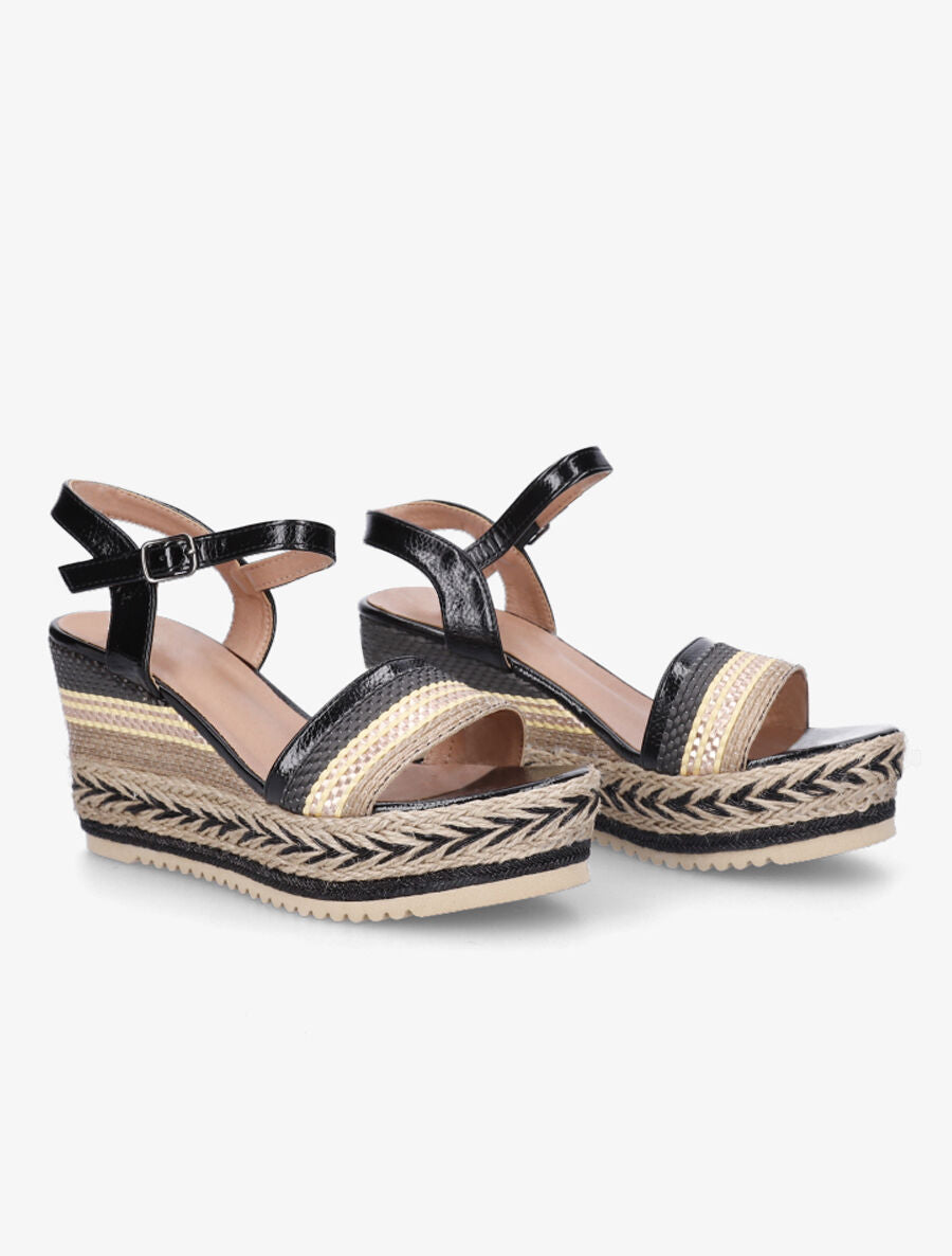 Sandales compensées à semelle effet osier et raphia - Noir - 4