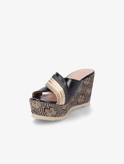 Mules compensées à ganses croisées effet osier - Noir - 3
