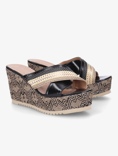 Mules compensées à ganses croisées effet osier - Noir - 4