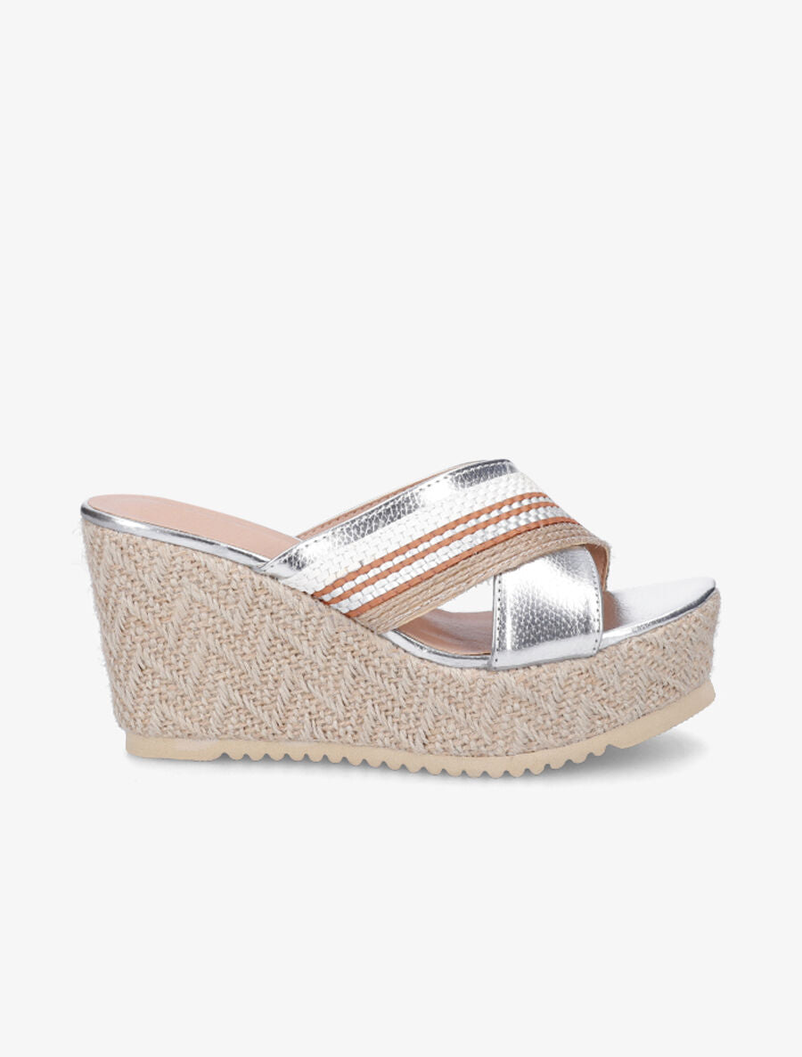 Mules compensées à ganses croisées effet osier - Argent - 5