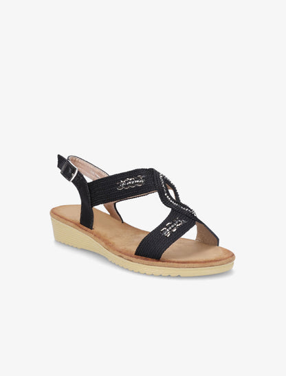 Sandales compensées effet tissé et strass - Noir - 2