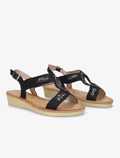 Sandales compensées effet tissé et strass - Noir - 4