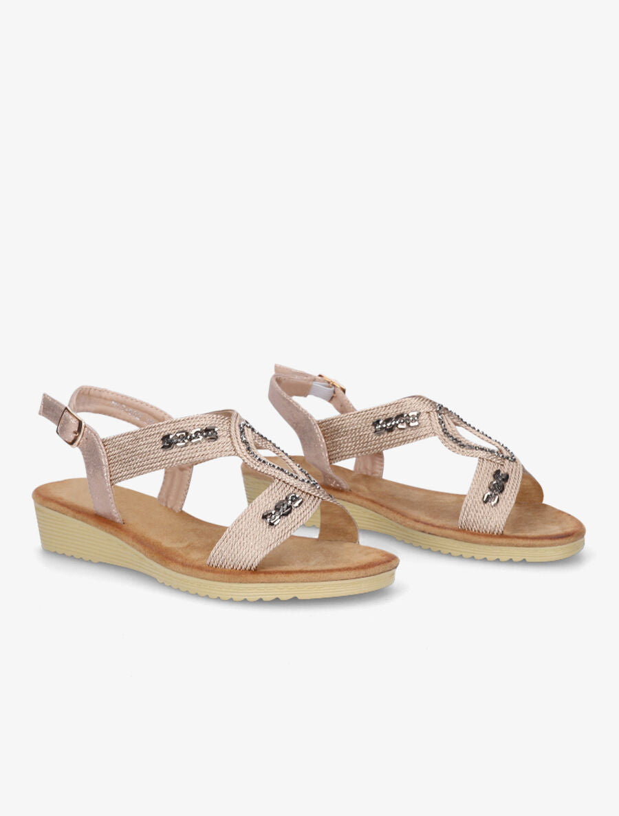 Sandales compensées effet tissé et strass - Rose gold - 4