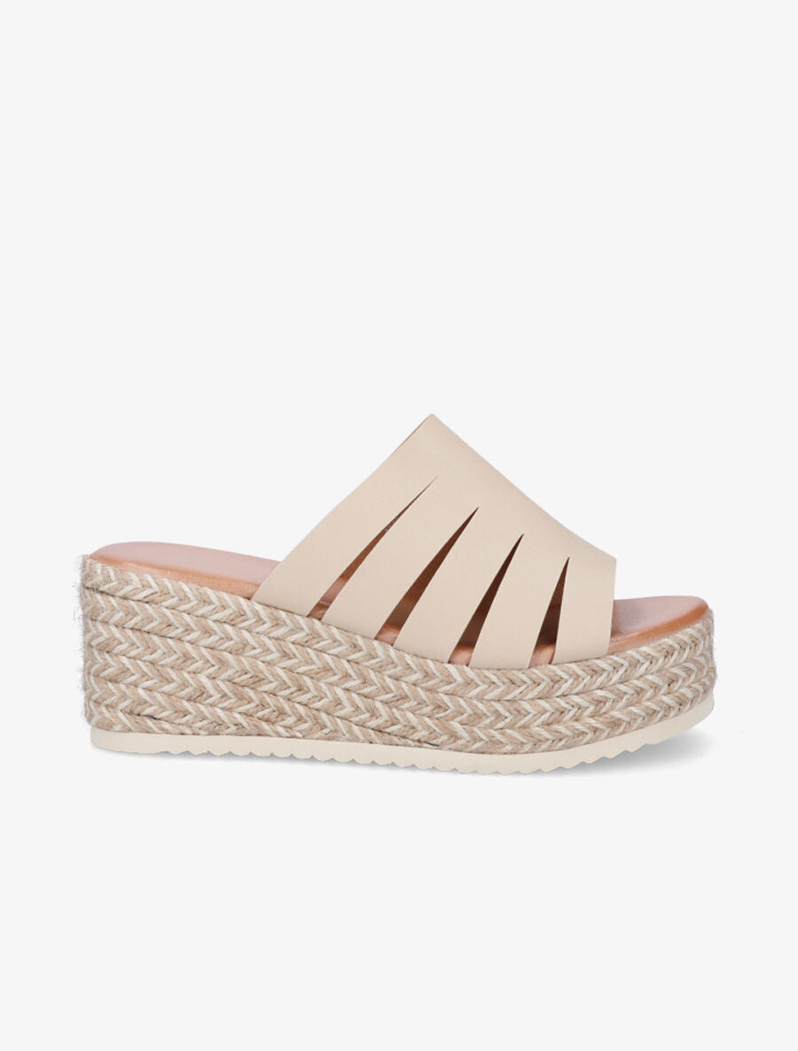 Mules compensées ajourées en simili - Beige - 5