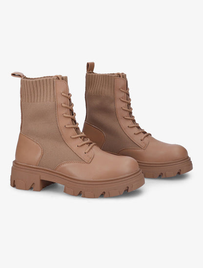 Bottines en simili à semelle crantée - Camel - 5