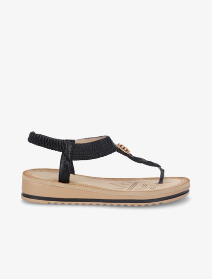 Nu-pieds à brides tressés et empiècement effet bois - Noir - 5