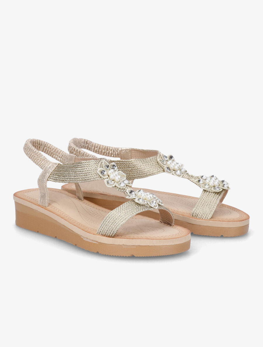 Nu-pieds à motif fleurs ornés de strass et perles - Or - 4
