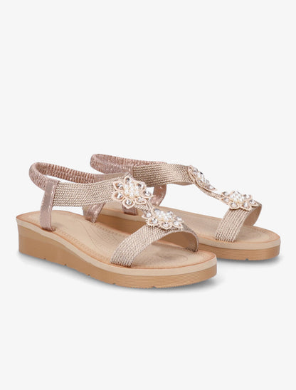Nu-pieds à motif fleurs ornés de strass et perles - Rose gold - 4