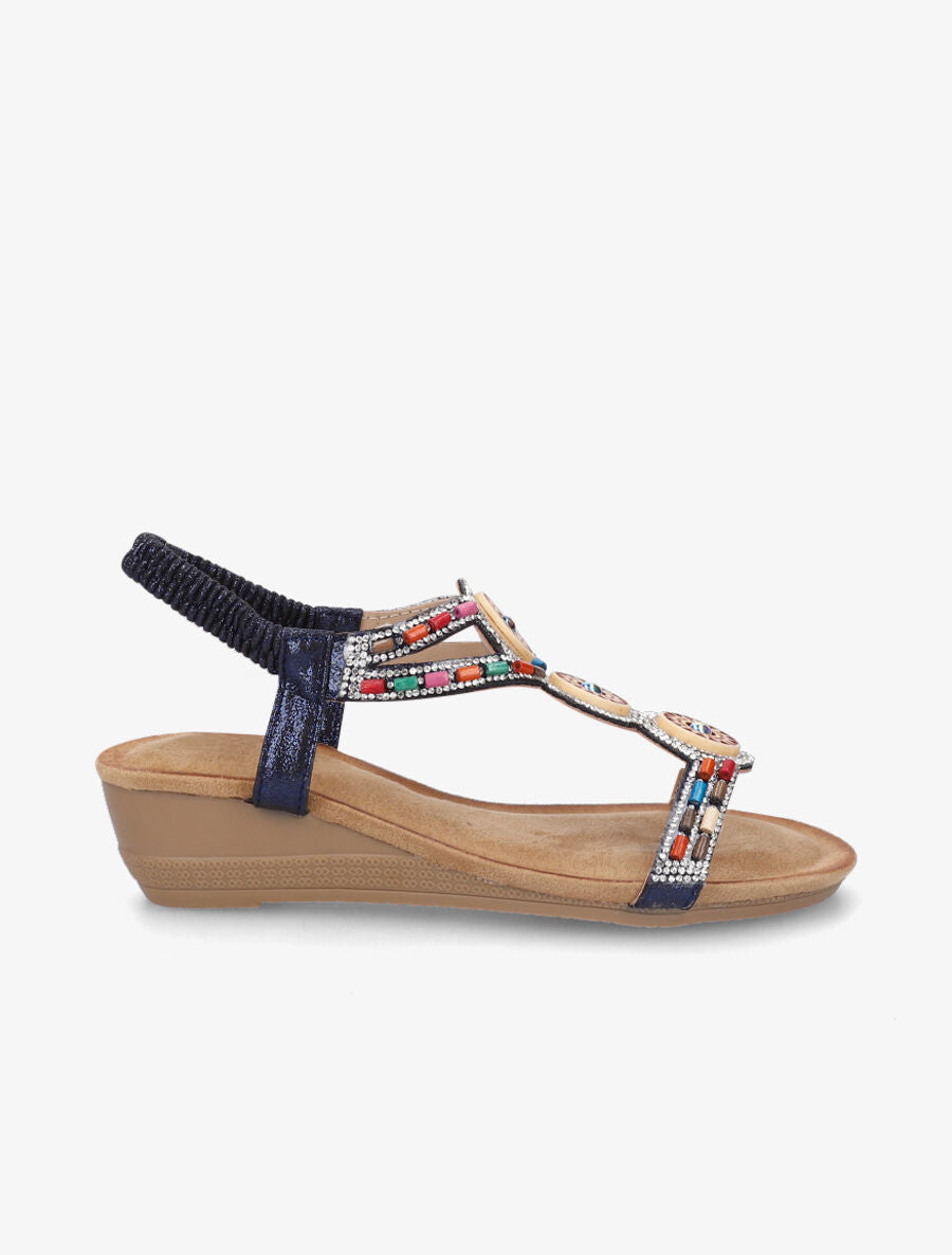 Sandales compensées à strass et perles - Marine - 5