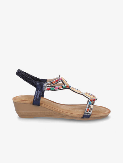 Sandales compensées à strass et perles - Marine - 5