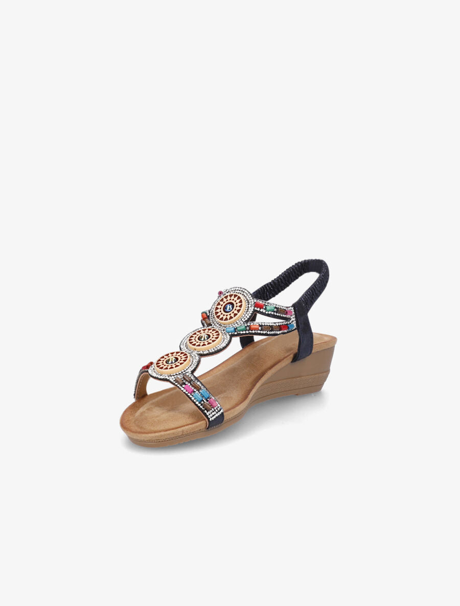 Sandales compensées à strass et perles - Marine - 3