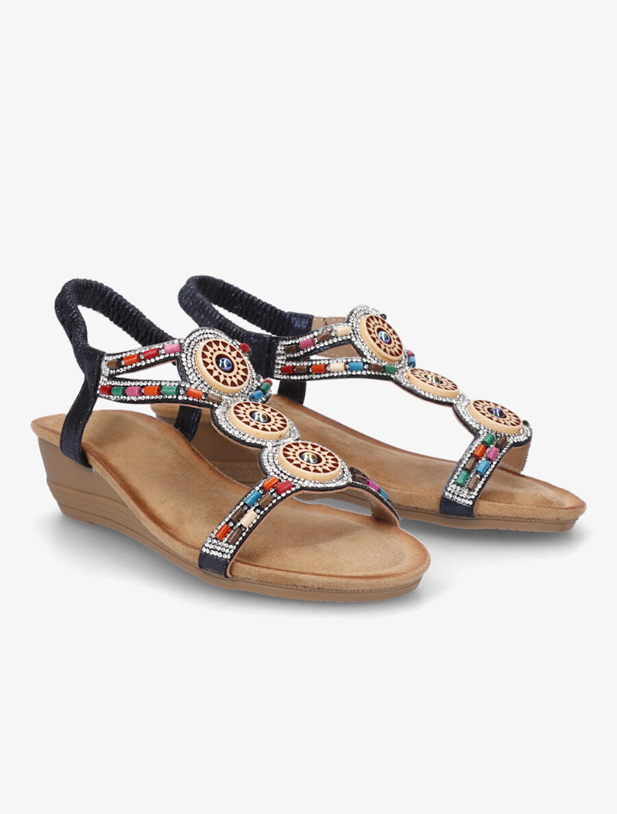 Sandales compensées à strass et perles - Marine - 4