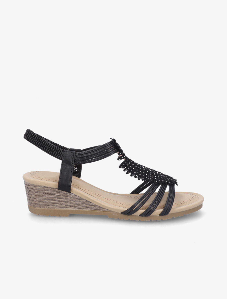 Sandales compensées style plume à strass - Noir - 1