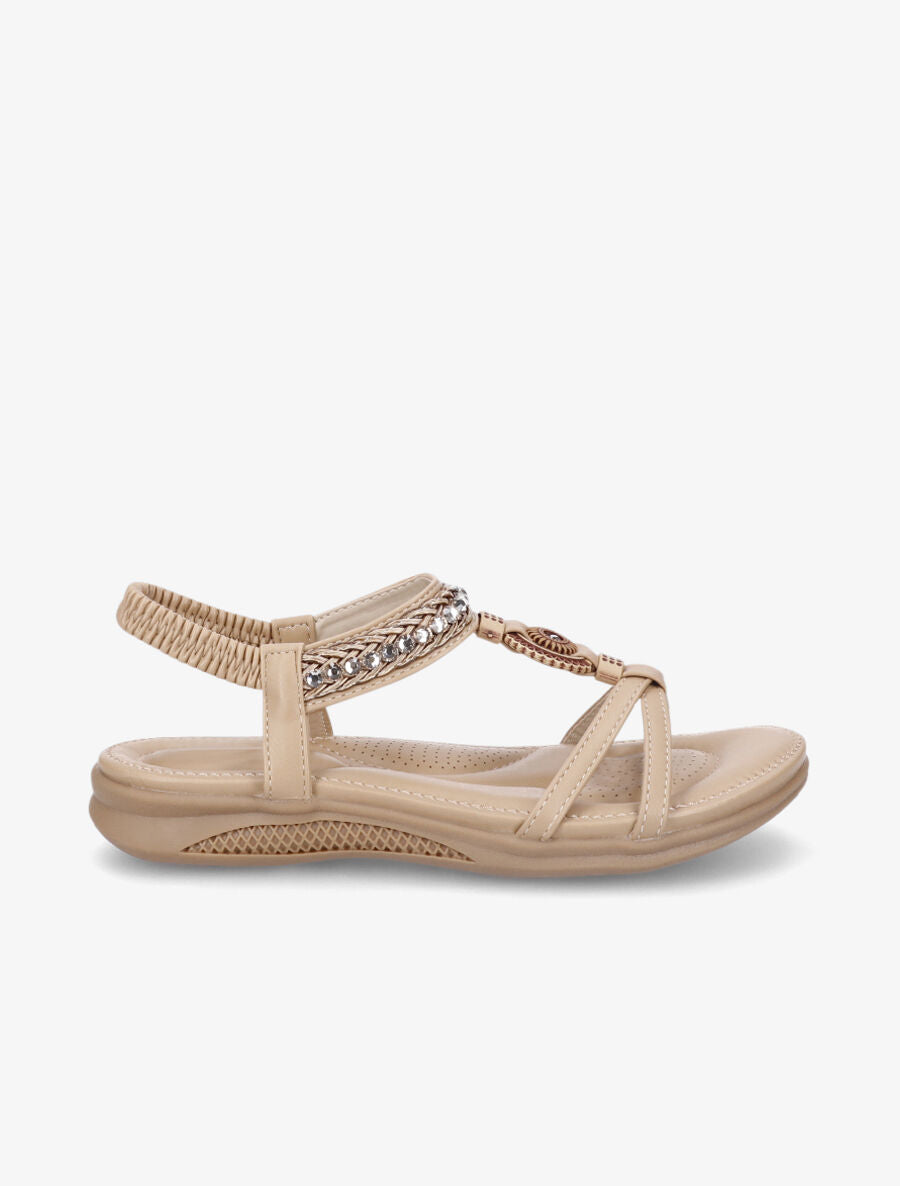 Nu-pieds à empiècement effet bois et strass - Beige - 1