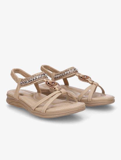 Nu-pieds à empiècement effet bois et strass - Beige - 4