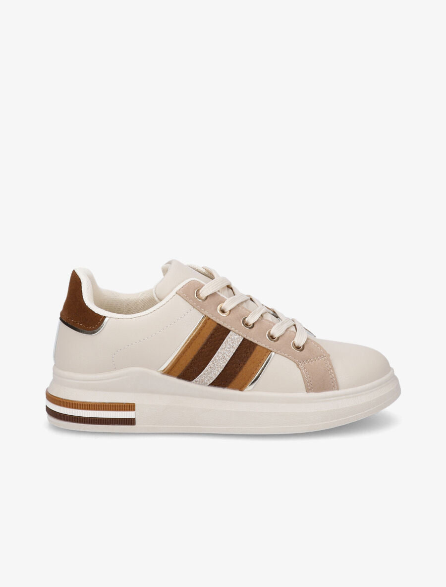 Sneakers en simili et suédine à bandes irisées - Beige - 1