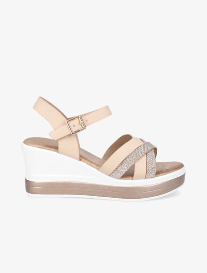 Sandales compensées en simili à ganses irisées - Rose - 1