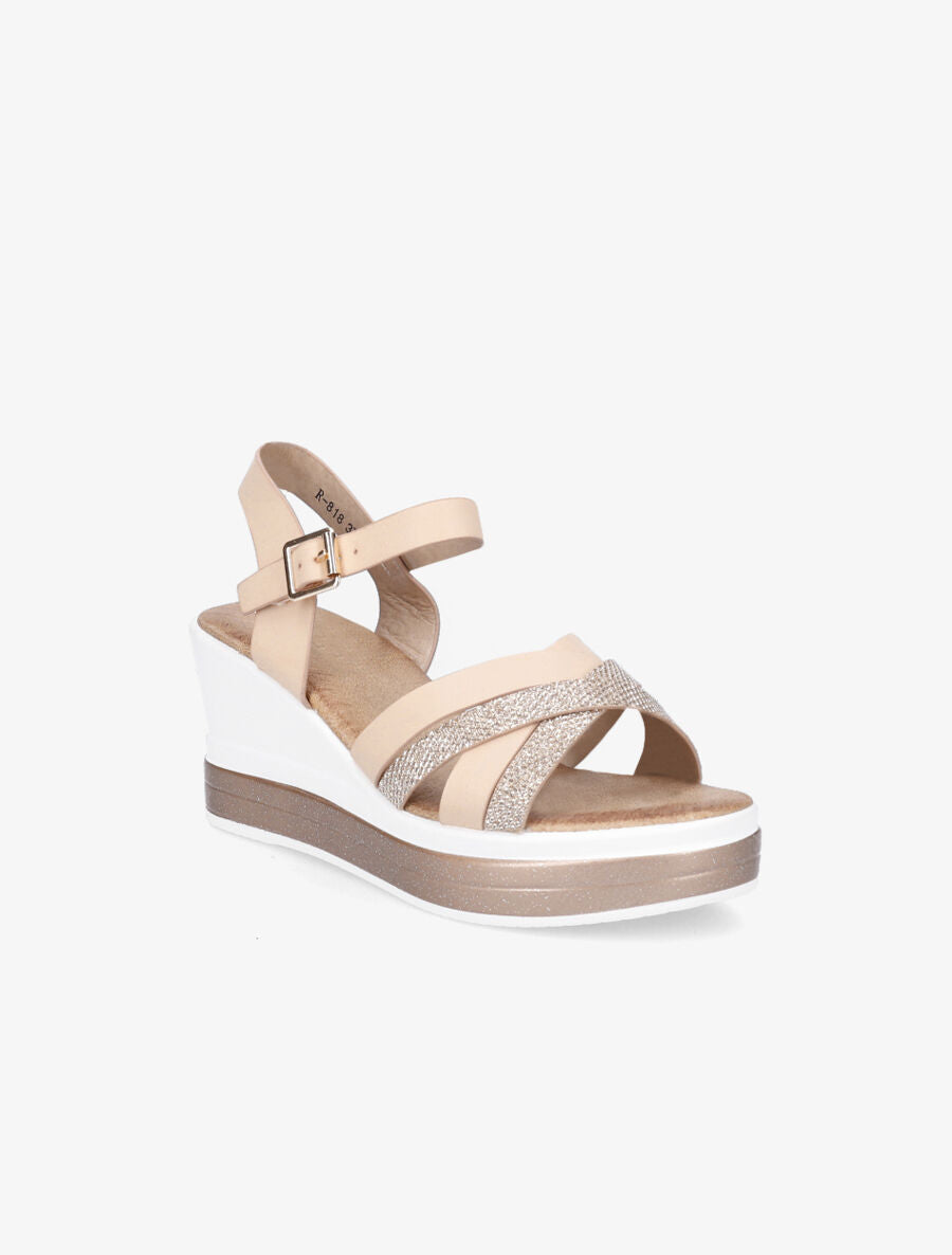Sandales compensées en simili à ganses irisées - Rose - 2