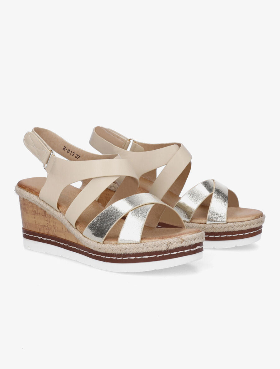 Sandales compensées en simili effet bois - Beige - 4