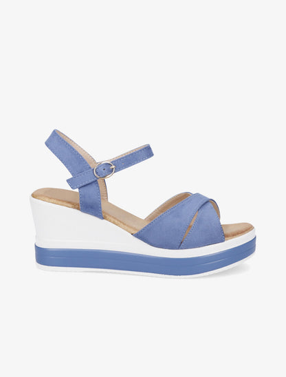Sandales compensées en suédine à ganses croisées - Bleu - 1