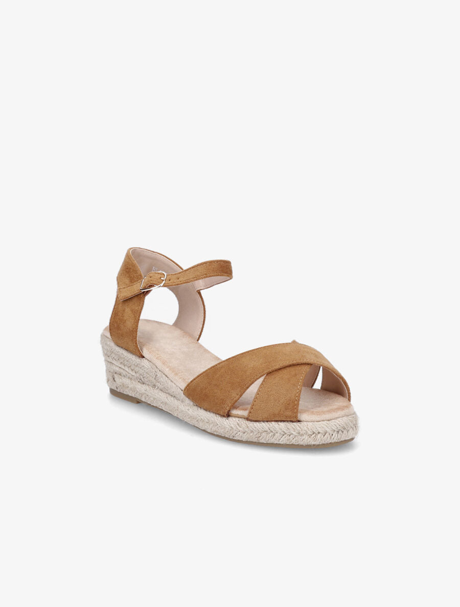 Sandales compensées style espadrille en suédine - Camel - 2