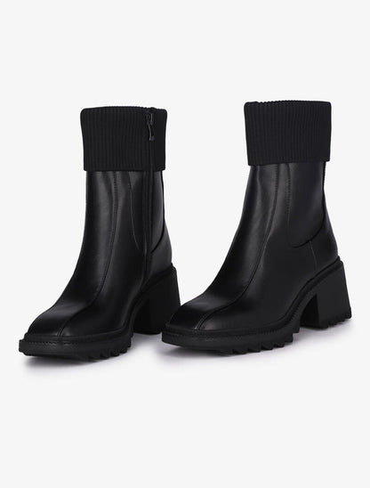 Bottines à bouts carrés et rabats en tissu cotelé - Noir - 5