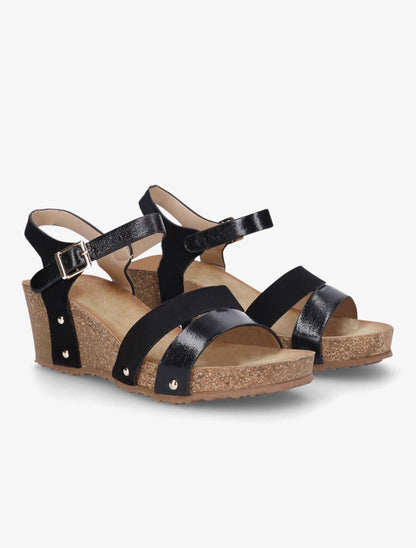Sandales compensées effet liège et ganses bi-matière - Noir - 4