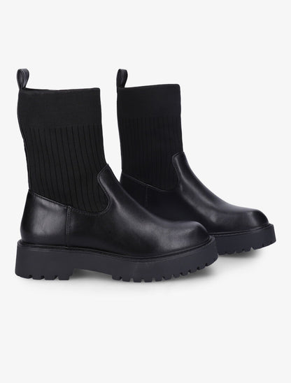 Bottines en simili et tissu côtelé élastiqué - Noir - 1