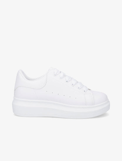 Sneakers classiques en simili et lacets larges - Blanc - 1