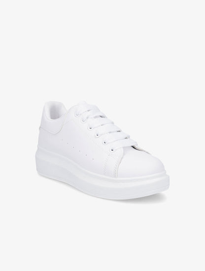 Sneakers classiques en simili et lacets larges - Blanc - 2