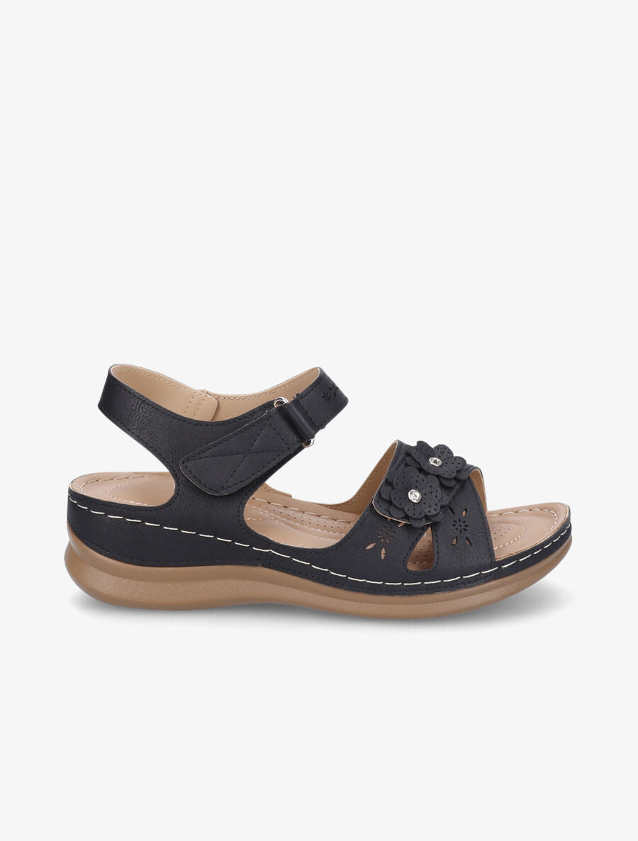 Sandales compensées à scratch et strass - Noir - 1