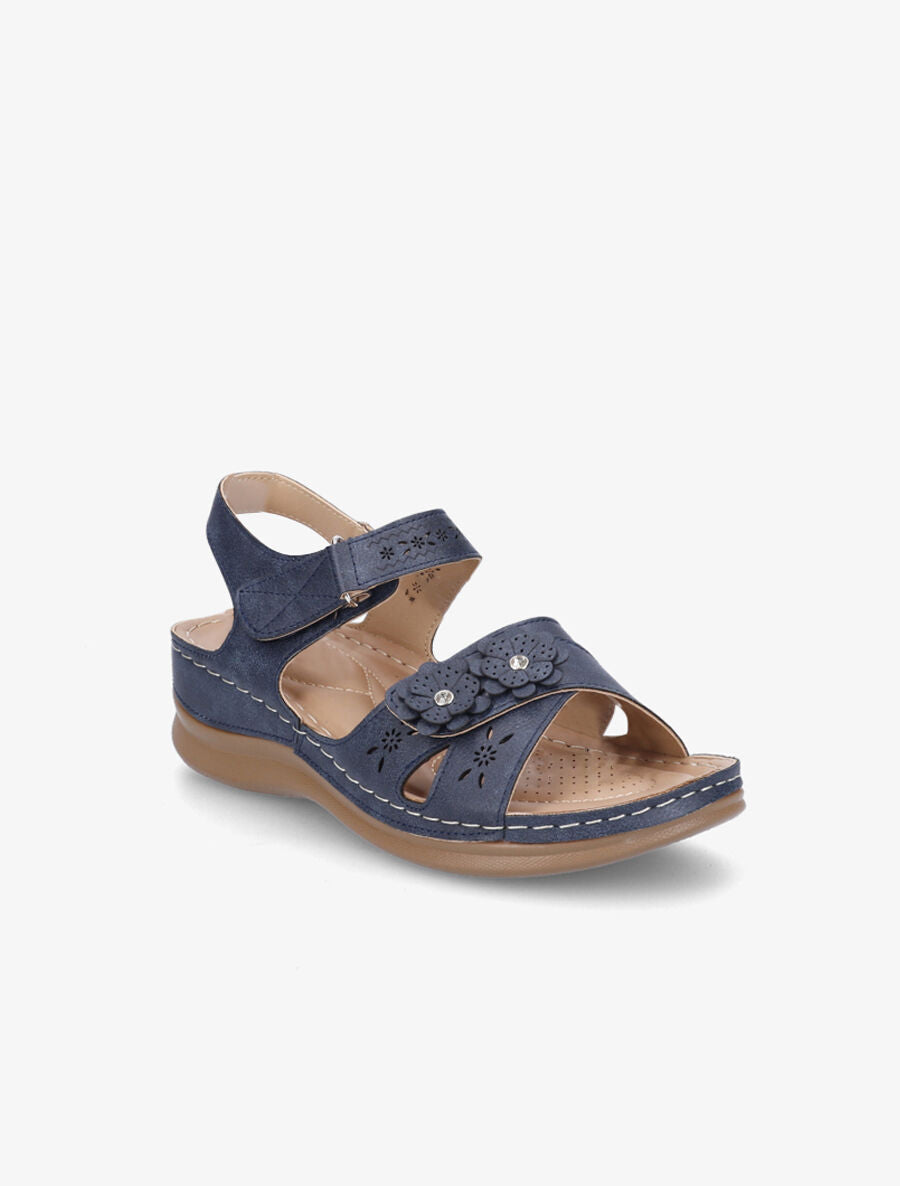 Sandales compensées à scratch et strass - Marine - 2
