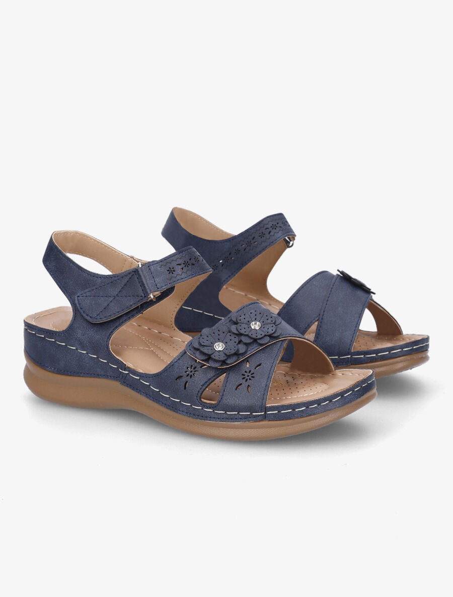 Sandales compensées à scratch et strass - Marine - 4