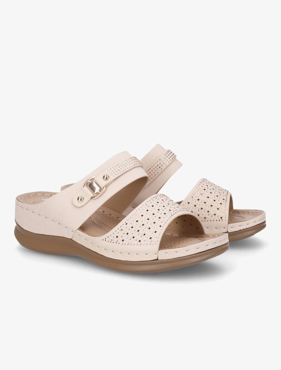 Claquettes compensées ajourées et strass - Beige - 4