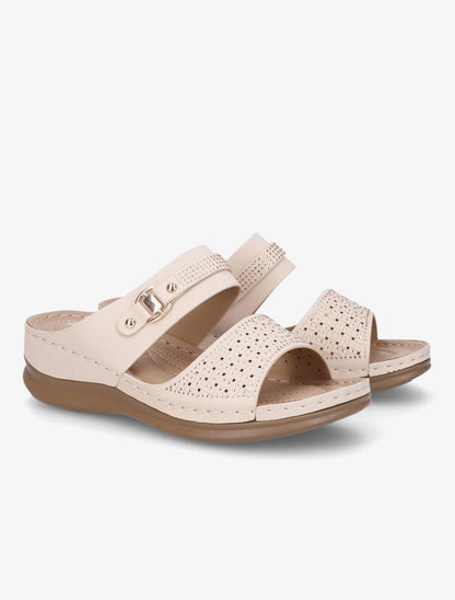 Claquettes compensées ajourées et strass - Beige - 4