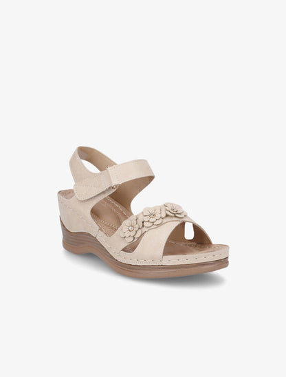 Sandales compensées à fleurs et strass - Beige - 2
