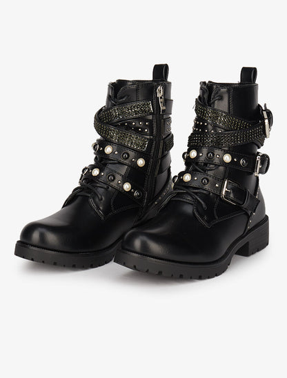 Boots à sangles perlées et strassées - Noir - 1
